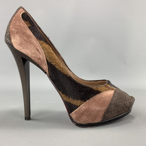 BALDAN Talla 8 Zapatos de tacón peep toe con plataforma de pelo de caballo con estampado de tigre y ante marrón