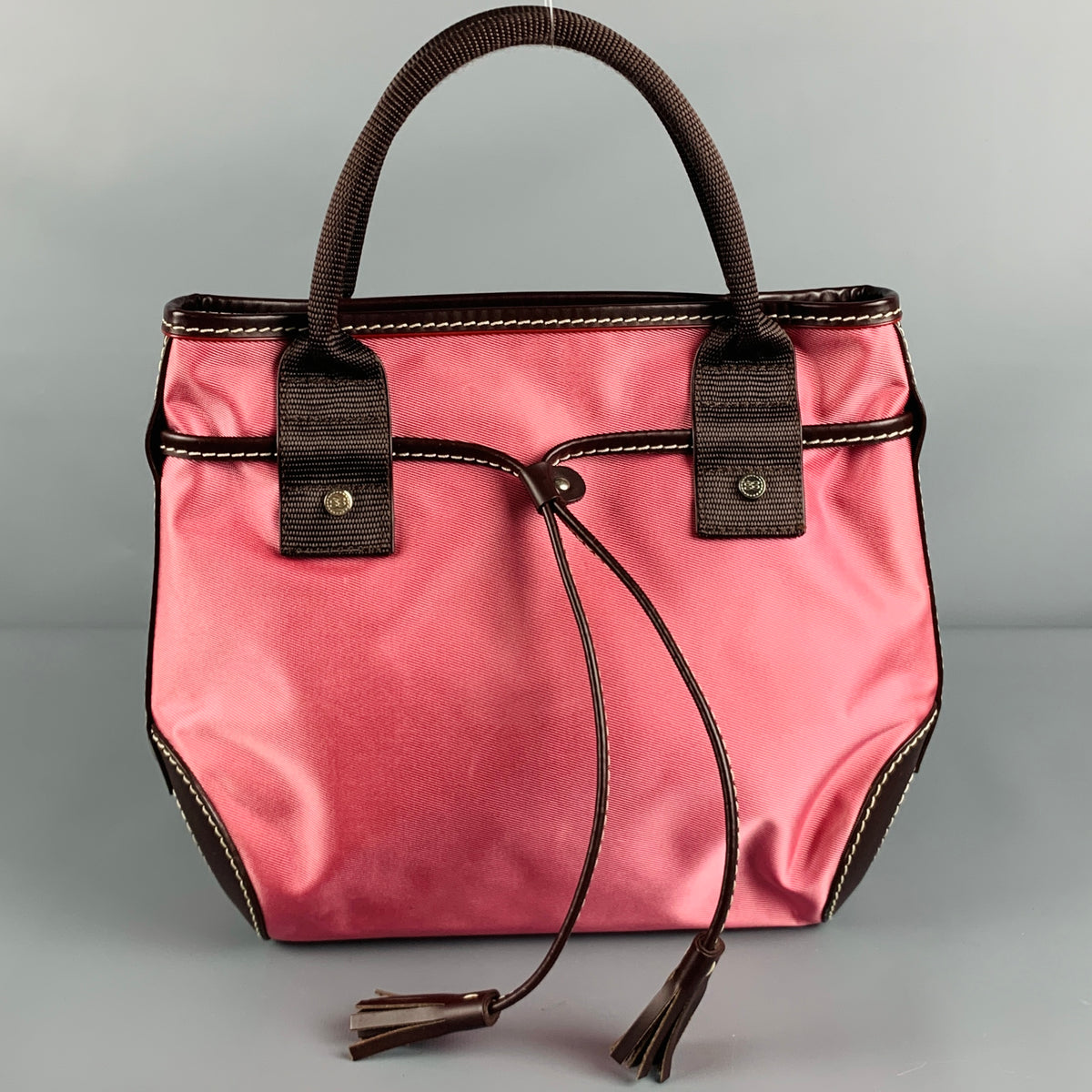 LANCEL Pink Brown Leather Trim Nylon Mini Handbag – Sui Generis 
