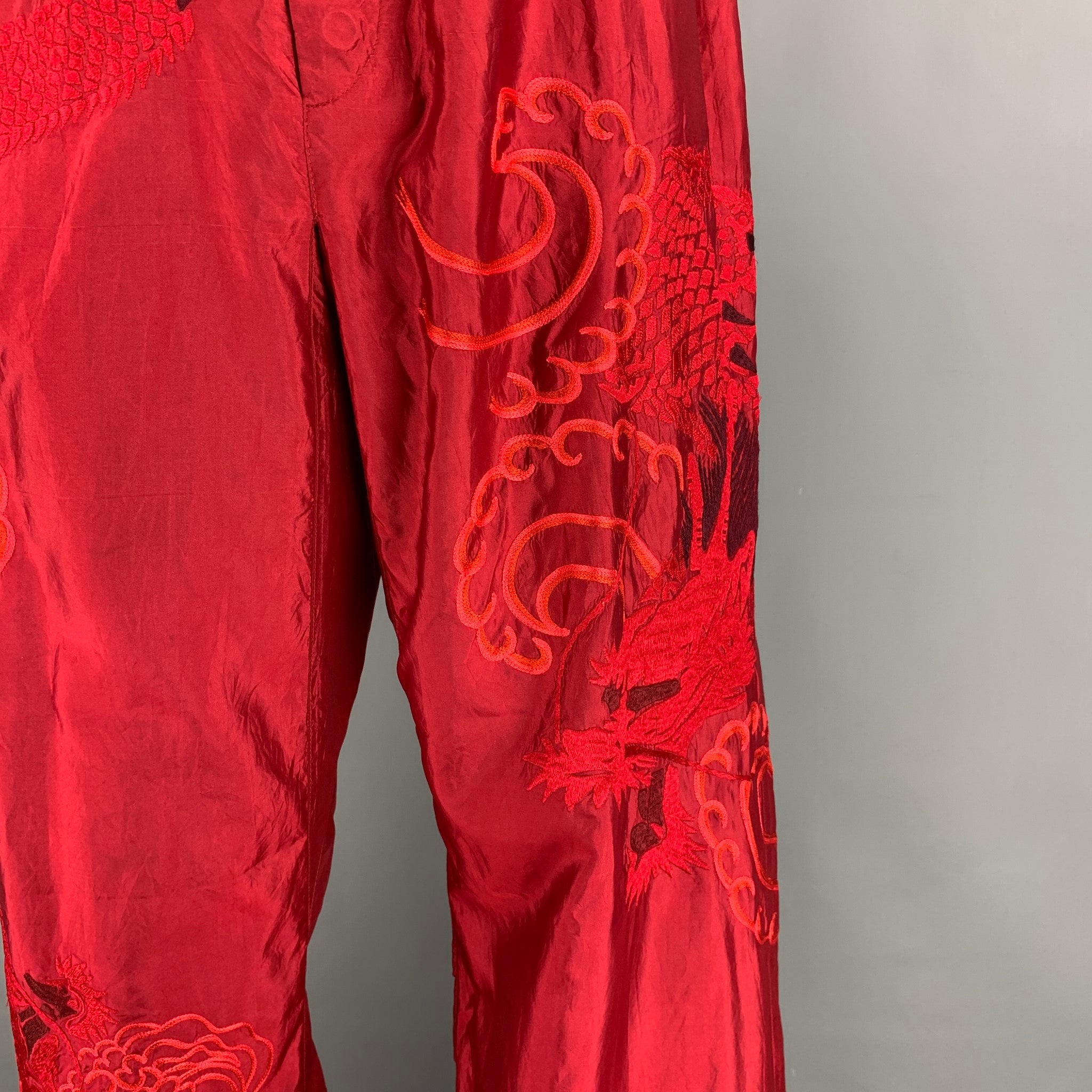 GUCCI by TOM FORD 2001 XL Red Dragon Embroidered Silk Wide