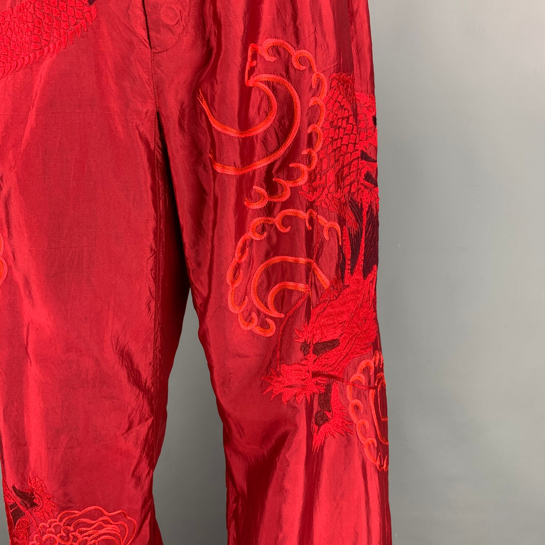 GUCCI by TOM FORD 2001 XL Red Dragon Embroidered Silk Wide Leg Karate Pants
