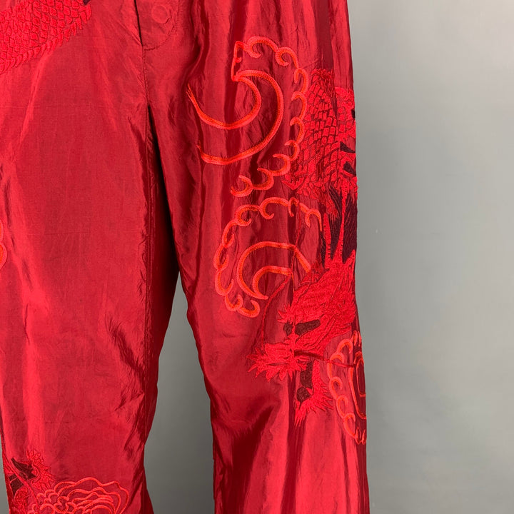 GUCCI by TOM FORD 2001 XL Red Dragon Embroidered Silk Wide Leg Karate Pants