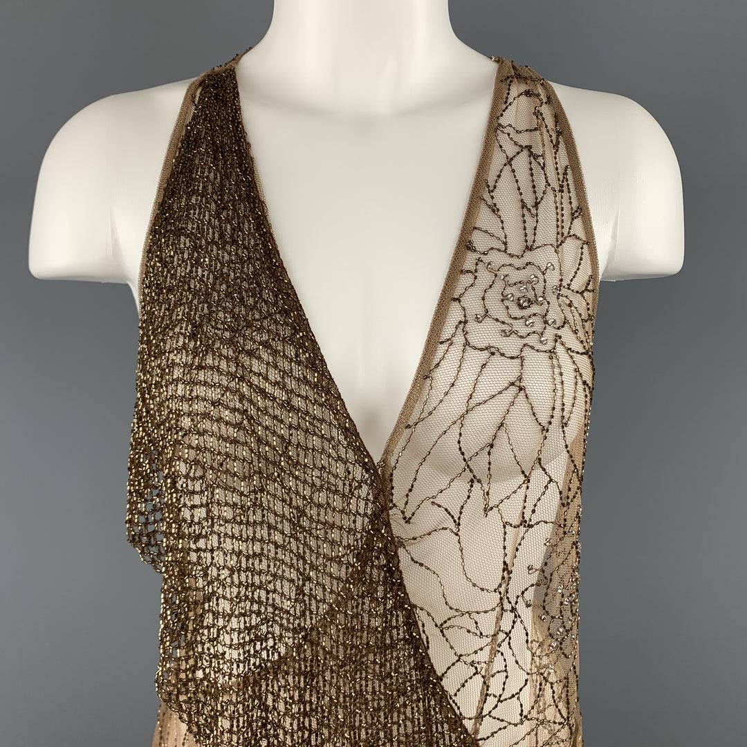 RALPH LAUREN Size 8 Beige Beaded Tulle Wrapped Top
