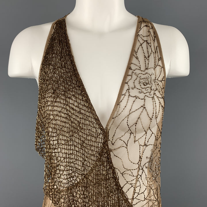 RALPH LAUREN Size 8 Beige Beaded Tulle Wrapped Top