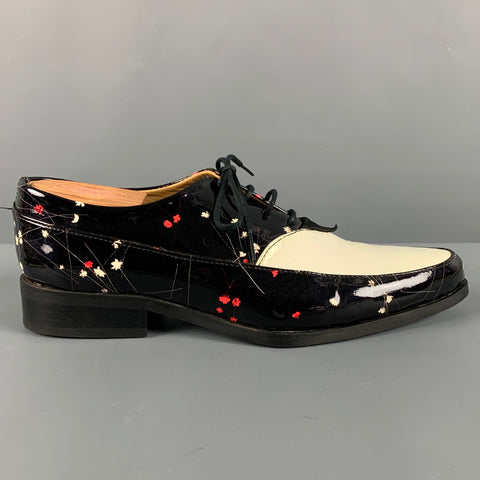 JOHN FLUEVOG Size 8 Black White Floral Patent Leather Lace Up Shoes