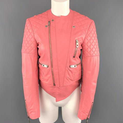 BALENCIAGA Size 6 Pink Quilted Leather Moto Biker Jacket