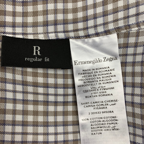 ERMENEGILDO ZEGNA Size XL White & Brown Checkered Cotton Long Sleeve Shirt