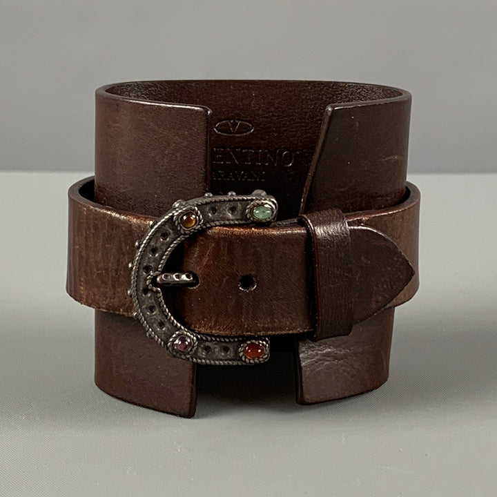 vintage VALENTINO Bracelet en métal en cuir argenté marron