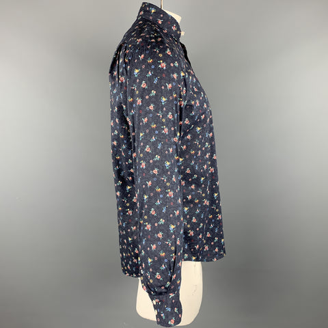 HARTFORD Size M Navy & Burgundy Floral Cotton Button Up Long Sleeve Shirt