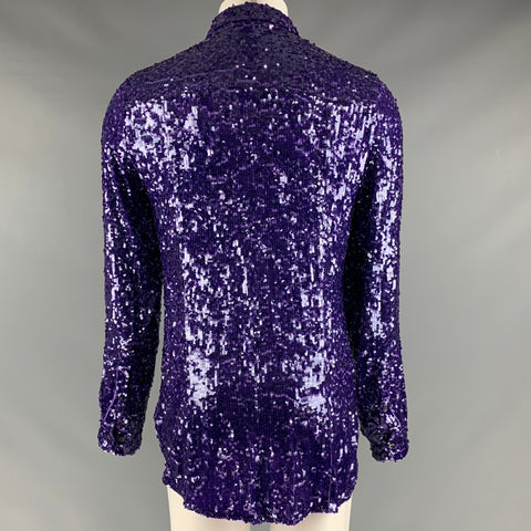 DRIES VAN NOTEN Size S Purple Sequined Viscose Hidden Placket Long Sleeve Shirt