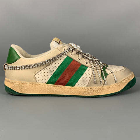 GUCCI Size 8.5 Off White Green Distressed Leather Crystal Screener Sneakers