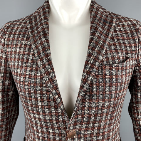 TAGLIATORE Size 34 Brown Plaid Wool / Silk Notch Lapel Metal Button Sport Coat