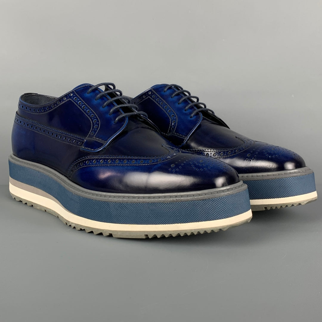 PRADA Size 9 Blue Perforated Leather Wingtip Platform Lace Up Shoes