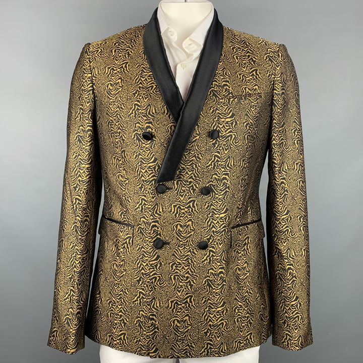ROBERTO CAVALLI Size 44 Black & Gold Jacquard Silk Sport Coat