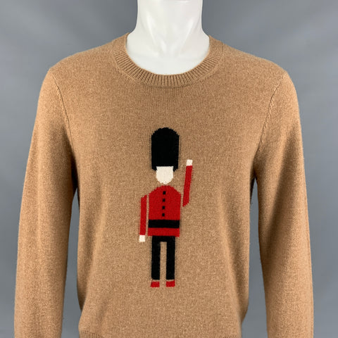 BURBERRY PRORSUM Pre-Fall 2013 Size L Tan & Red Graphic Cashmere Solider Guard Intarsia Crew-Neck Sweater