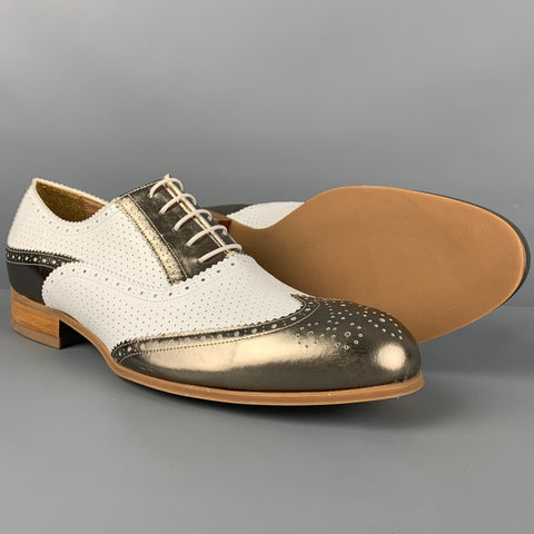 EMPORIO ARMANI Size 10 White Metallic Perforated Leather Spectator Lace Up Shoes
