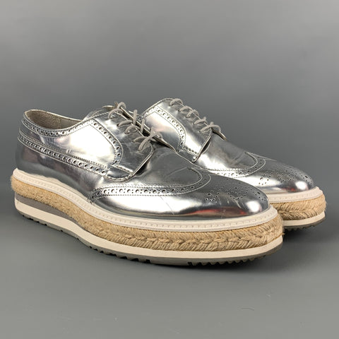 PRADA Size 10 Silver Perforated Leather Platform Lace Up Shoes