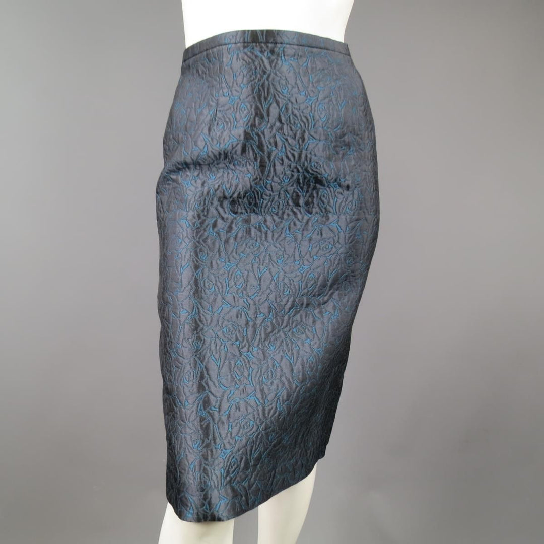 BARBARA TFANK Size 8 Charcoal Gray & Teal Rose Brocade Pencil Skirt