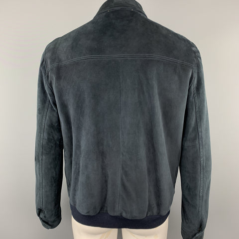 LANVIN Size L Navy Suede Zip Blouson Jacket