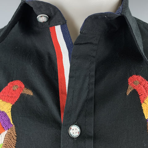 CUSTOM MADE Size S Black Embroidery Cotton Button Up Stripe Trim  Long Sleeve Shirt