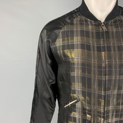 CHRISTIAN DADA Size 36 Black Gold Plaid Silk Blend Bomber Jacket