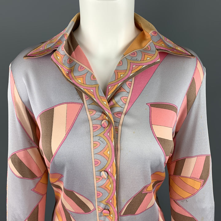 EMILIO PUCCI Vintage Size 10 Grey & Pink Floral Print Silk Blend Blouse