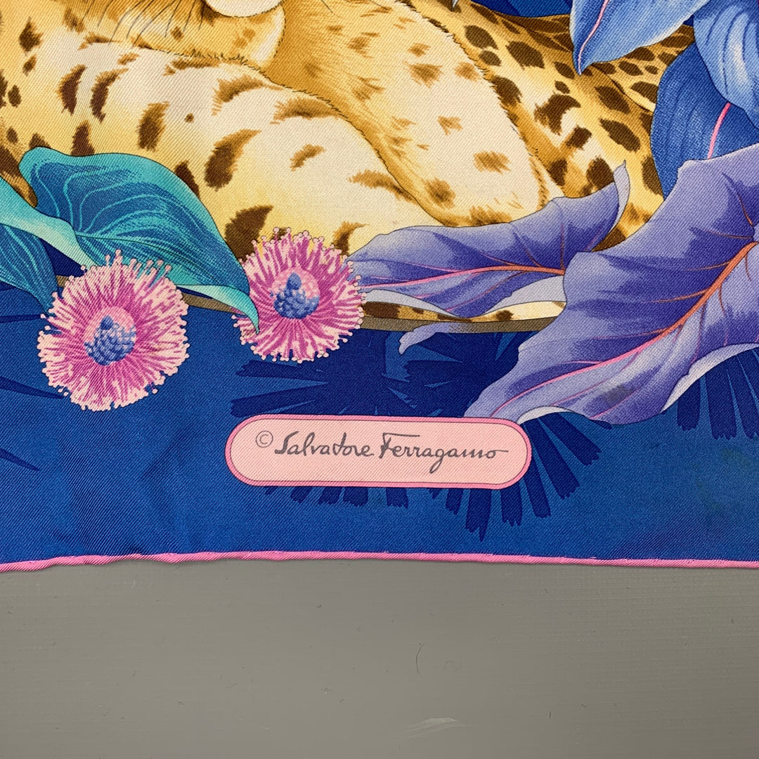 SALVATORE FERRAGAMO Blue & Lavender Print Silk Large Scarf