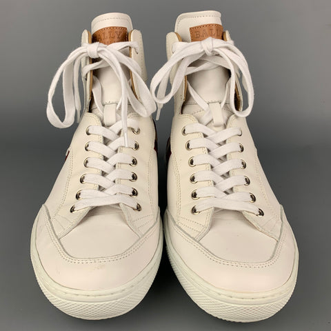 BALLY Size 9 White & Burgundy Stripe Leather High Top Sneakers