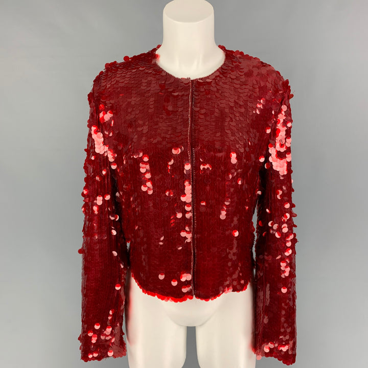 ARMANI COLLEZIONI Size 8 Red Silk Payettes Snaps Jacket