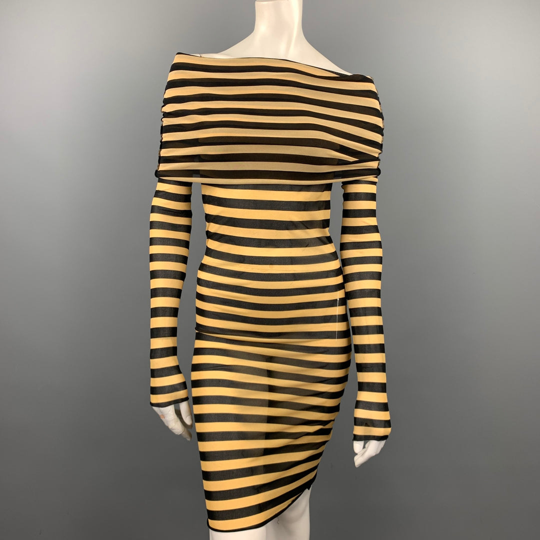 JEAN PAUL GAULTIER SS 2003 Size M Black & Taupe Polimide Turtleneck Striped Dress