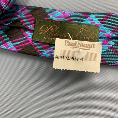 PHINEAS COLE Aqua Blue & Pink Plaid Silk Skinny Tie
