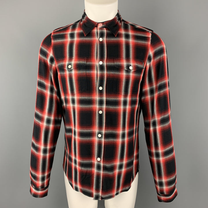 PS by PAUL SMITH Size M Red & Black Plaid Rayon Button Up Patch Pockets Contrast Back Long Sleeve Shirt
