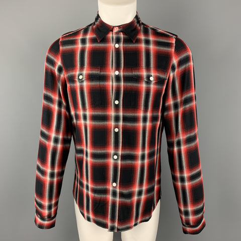 PS by PAUL SMITH Talla M Camisa de manga larga con botones de rayón a cuadros rojos y negros y bolsillos de parche en la espalda en contraste