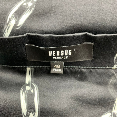VERSUS by GIANNI VERSACE Size S Black & Blue Print Silk Short Sleeve Shirt