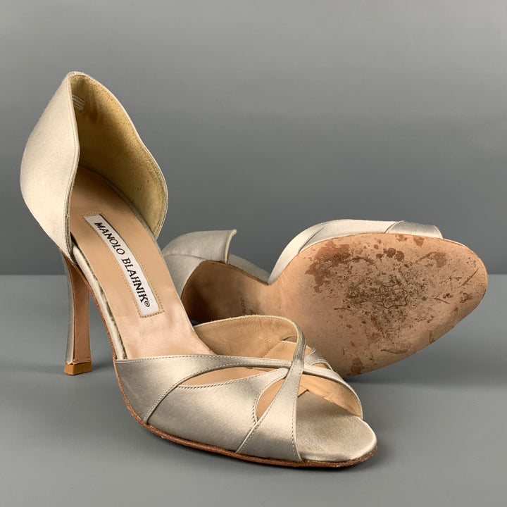 MANOLO BLAHNIK Talla 6.5 Zapatos de tacón D'Orsay de seda gris metalizado