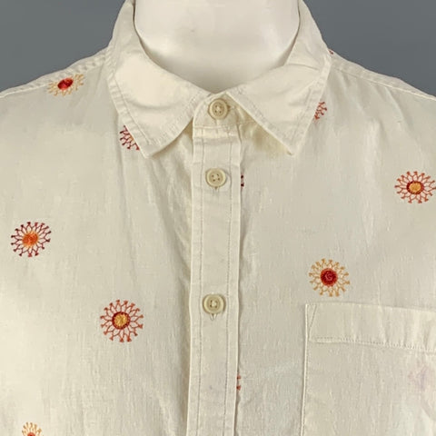 CORRIDOR Size XL White and Orange Linen & Cotton Button Down Short Sleeve Shirt