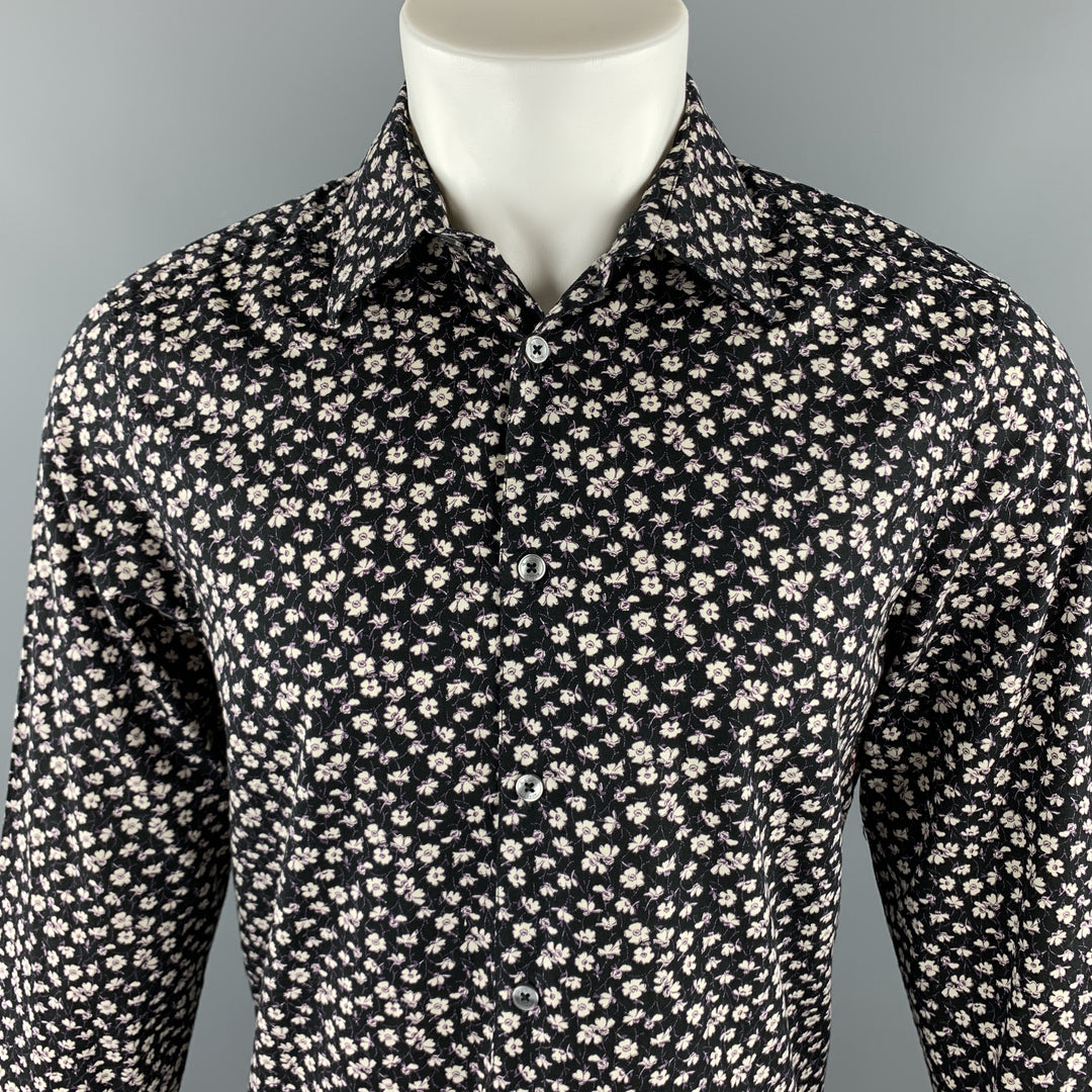 PAUL SMITH The Westbound Taille S Chemise à manches longues boutonnée en coton floral noir et blanc