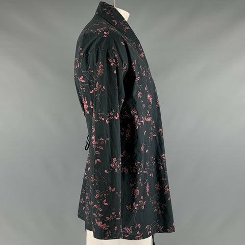 HAIDER ACKERMANN Size L Black Pink Cotton Floral Wrap Around Kimono Shirt