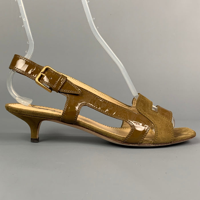 YVES SAINT LAURENT Size 9 Brown Suede Patent Leather Kitten Heel Sandals