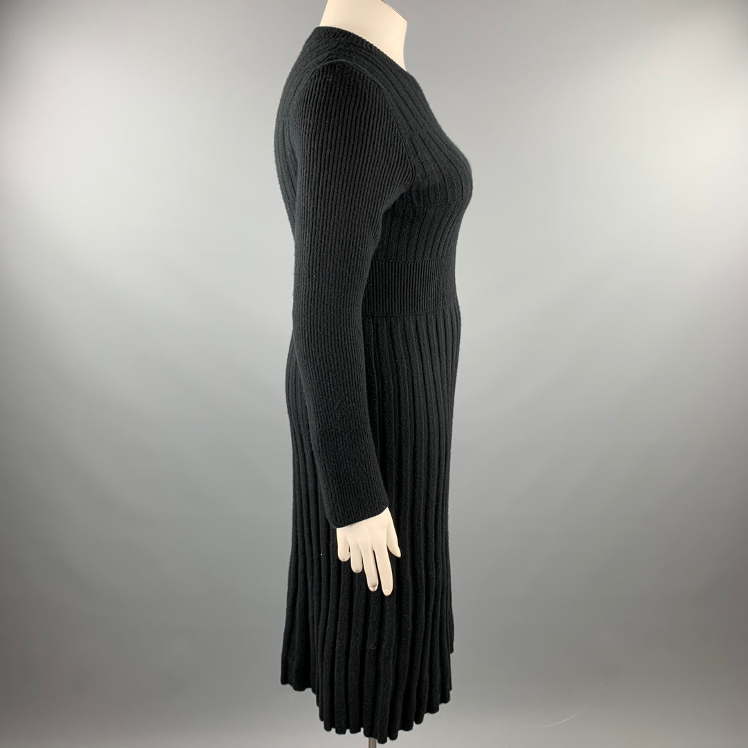 CHANEL Size 10 Black Knitted Pleated Wool Crew-Neck Sweater Dress