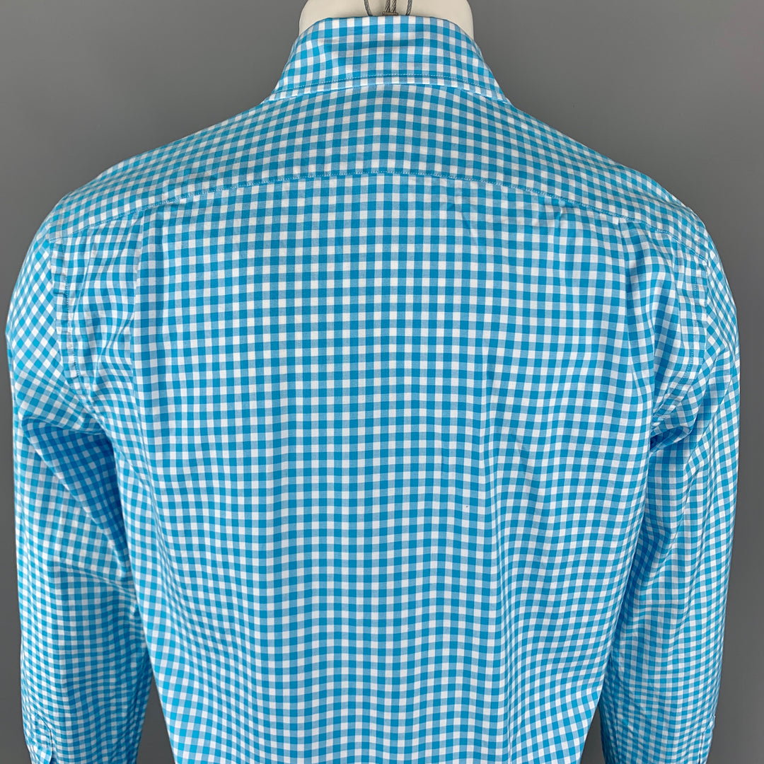 RALPH LAUREN Talla S Camisa de manga larga con botones y cuello extendido de algodón a cuadros color aguamarina