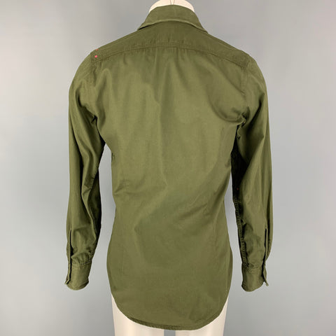 DSQUARED2 Size S Olive Stitched Cotton Wire Trim Button Up Long Sleeve Shirt