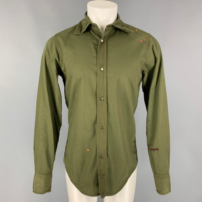 DSQUARED2 Size S Olive Stitched Cotton Wire Trim Button Up Long Sleeve Shirt
