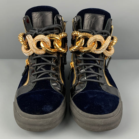GIUSEPPE ZANOTTI Size 10.5 Navy Velvet Crystal Chain-Front High Top Sneakers