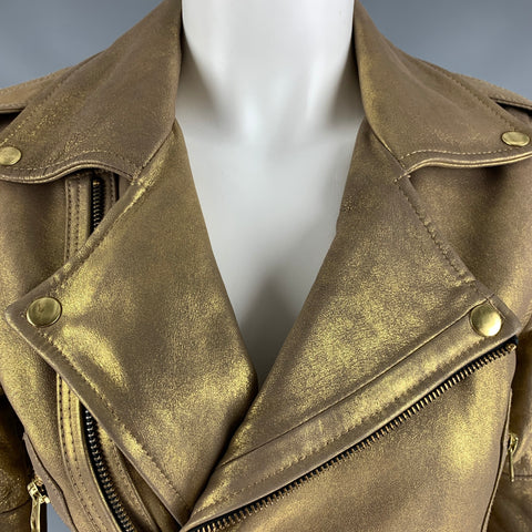REBECCA MINKOFF Taille XS Veste de motard en cuir d'agneau métallisé en cuir doré (extérieur)