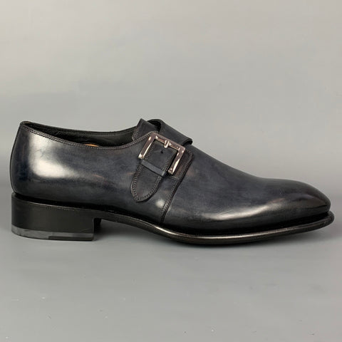 SANTONI Size 11.5 Charcoal Antique Leather Monk Strap Loafers