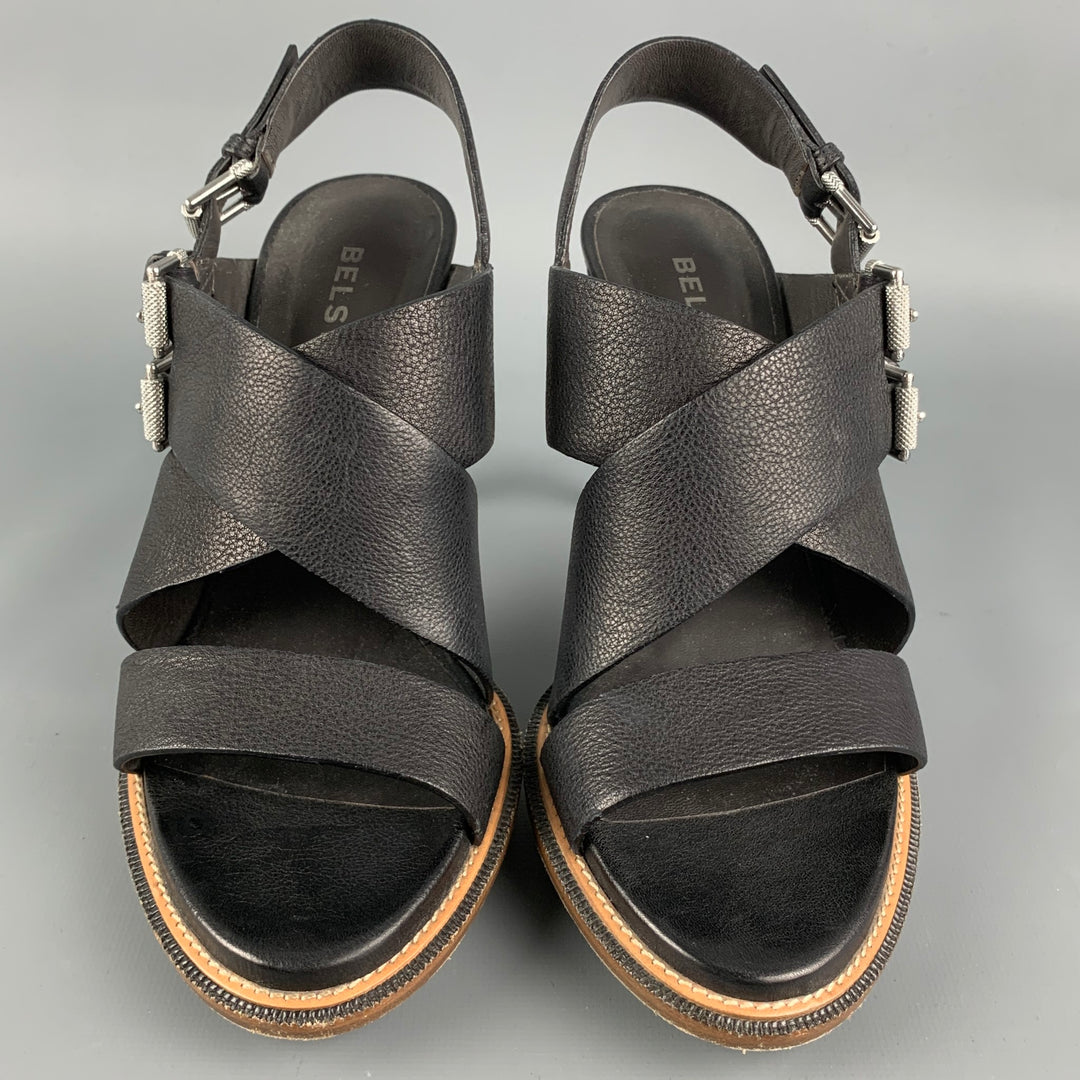 BELSTAFF Size 8 Black Pebble Grain Leather Ashton Sandals