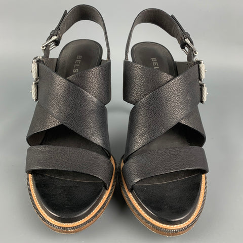 BELSTAFF Size 8 Black Pebble Grain Leather Ashton Sandals
