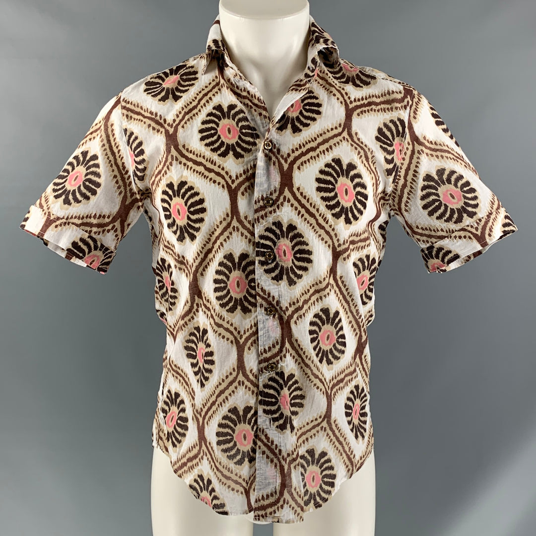 SEAPLANE Size XXS Beige &  Brown Abstract Cotton Button Up Short Sleeve Shirt