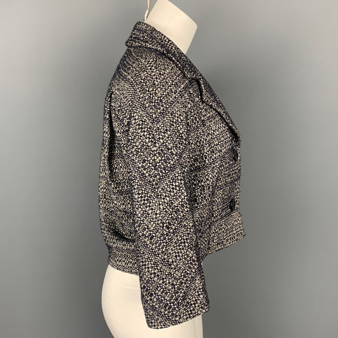 MAX MARA Talla 6 Chaqueta de mezcla de algodón bouclé azul marino y blanco Blazer recortado