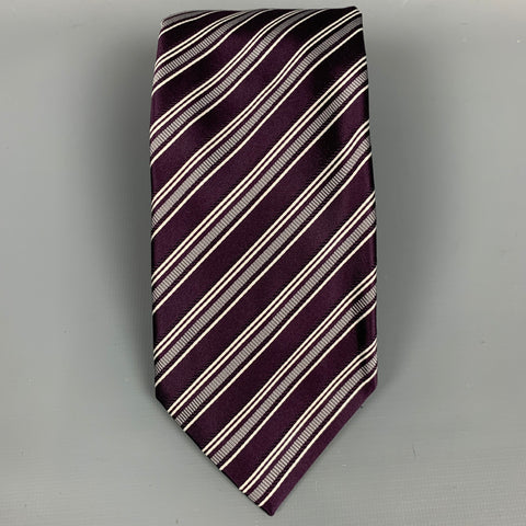 BRIONI Eggplant & White Stripe Silk / Cotton Tie